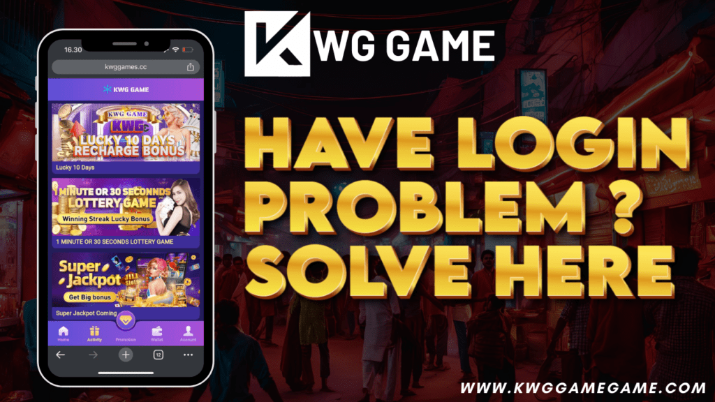 A gamer troubleshooting login issues on a computer screen with KWG Game logo