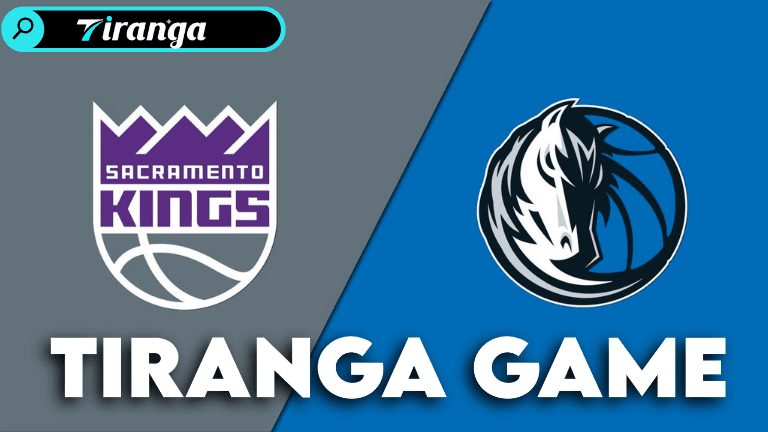 Kings vs Mavericks basketball players with a vibrant Tiranga Game screen.